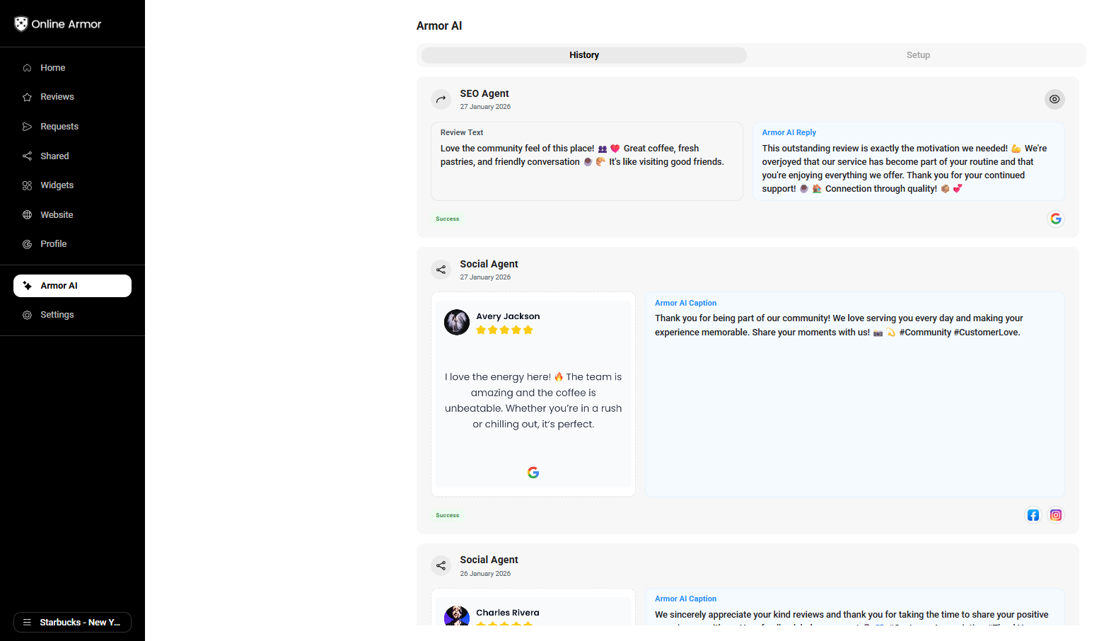Armor AI automatically replying to reviews and generating social media content