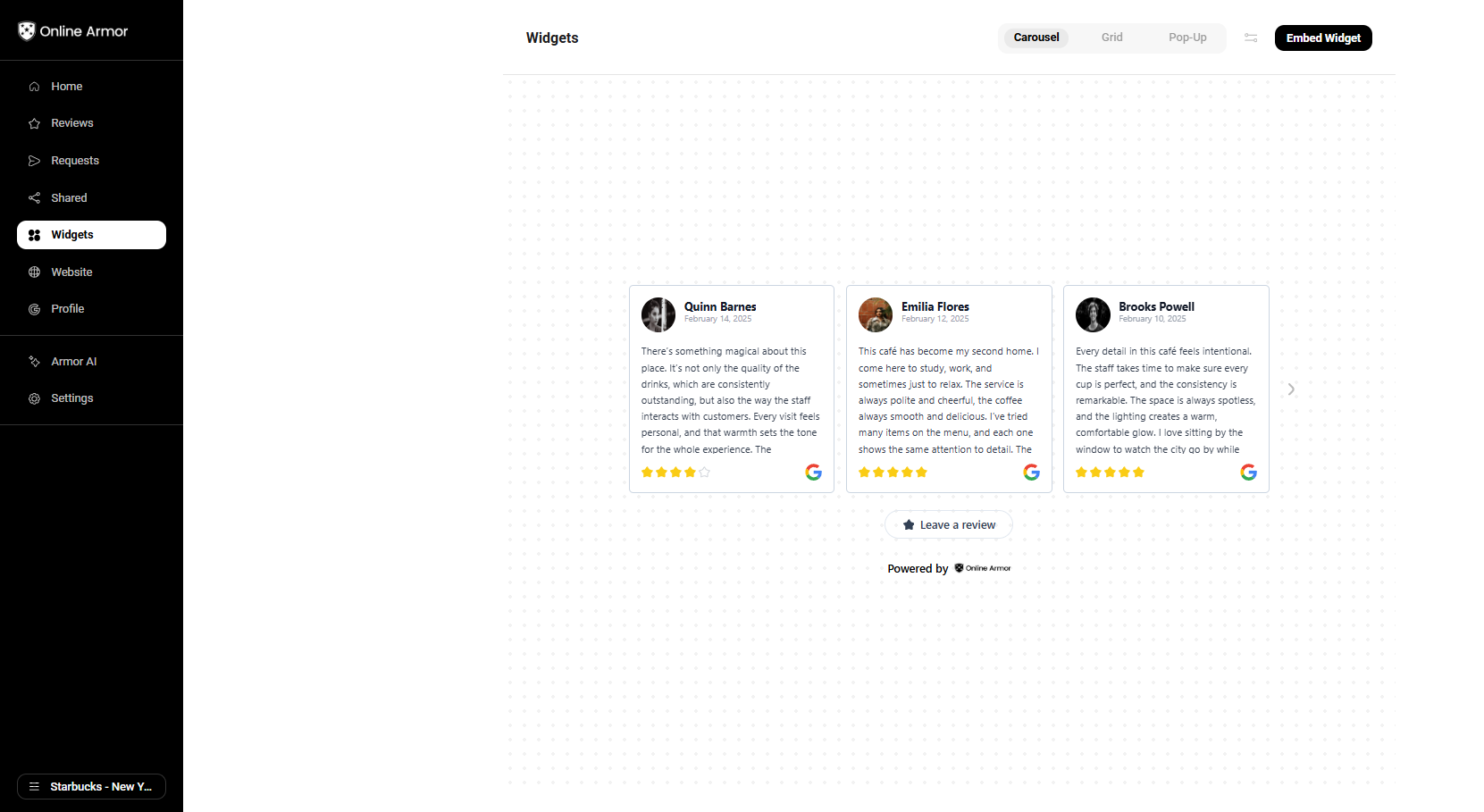 Social Proof Widgets feature inside the Online Armor dashboard